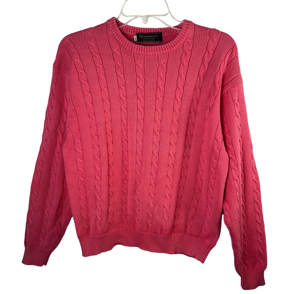 Greenwich Cable Knit Sweater Women Large Pink Long Sleeve Cotton Preppy Classic